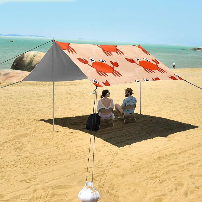 xigua Crab Beach Tent Sun Shelter with Carrying Bag - Silver Coated Oxford Fabric Beach Canopy for Beach Camping Fishing - Includes Windproof Ropes Sandbags &amp Stakes