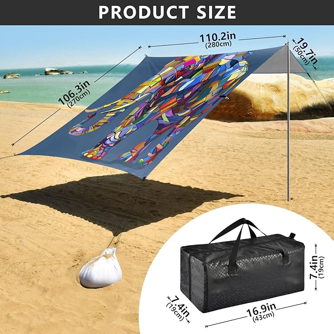 ALAZA Mosaic Elephant Rainbow Color Beach Tent Sun Shelter UPF50+ Protection Beach Shade Canopy w/ 4 Sandbags for Outdoor Camping Fishing Backyard Fun Picnic 10x9 ft