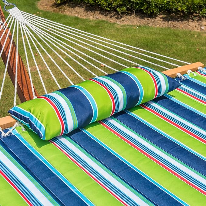 Lazy Daze 12 FT Quilted Fabric Double Hammock with Spreader Bars and Detachable Pillow 2 Person Hammock for Outdoor Patio Backyard Poolside 450 LBS Weight Capacity Green/Blue Stripe
