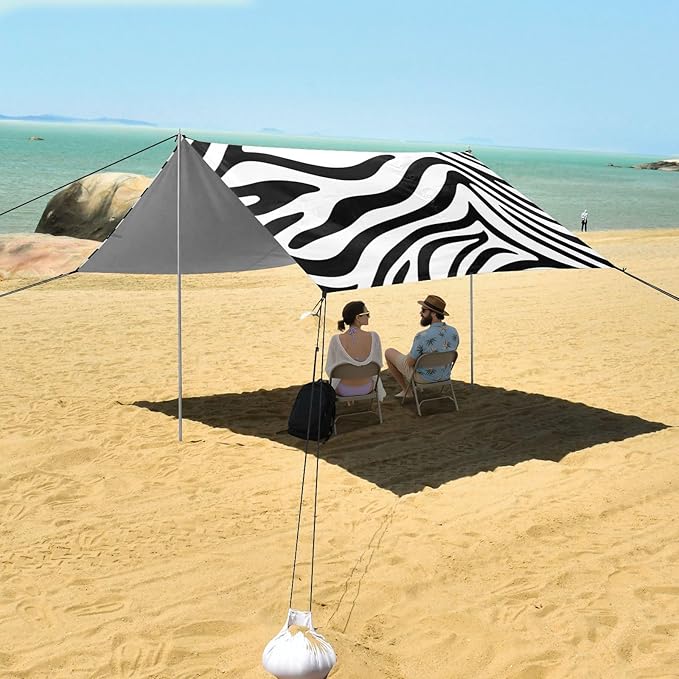 Beach Canopy with Windproof Ropes &amp Sandbags Beach Tent Sun Shade Sun Shelter for Camping Trips Fishing Backyard Fun or Picnics Zebra Elements