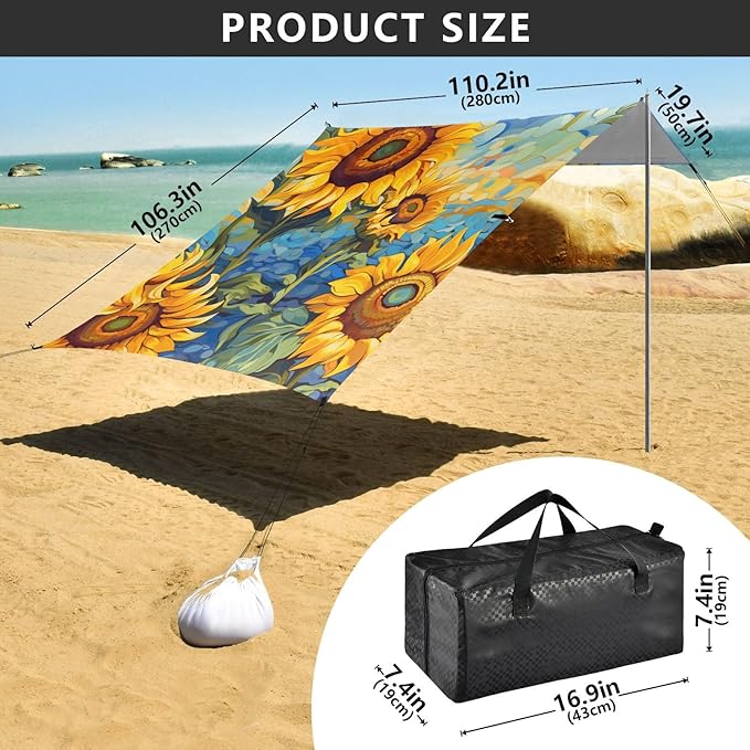 ALAZA Large Sunflower in The Sunflower Field Beach Tent Sun Shelter Portable Canopy Sunshade for Outdoor Camping Picnics Backyard Fun 10x9 ft