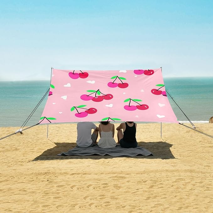 xigua Cherry Beach Tent Sun Shelter with Carrying Bag - Silver Coated Oxford Fabric Beach Canopy for Beach Camping Fishing - Includes Windproof Ropes Sandbags &amp Stakes