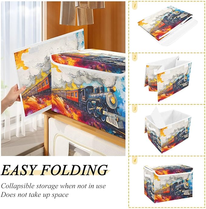 Pastel Train Storage Cube Bins Basket with Lid Collapsible Flip-top Fabric with Handle for Home Bedroom Closet Office 16.5×12.6×11.8 in