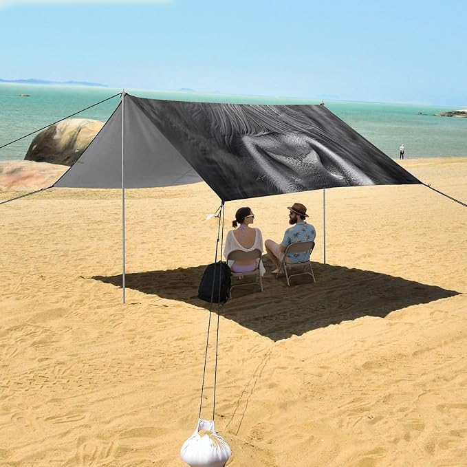 Highland Cattle Staring Beach Tent Sun Shelter Set UPF50+ UV Protection 10.5 x 9.19 FT Camping Shade Canopy with Sandbags Sand Anchors Carrying Bag and Others