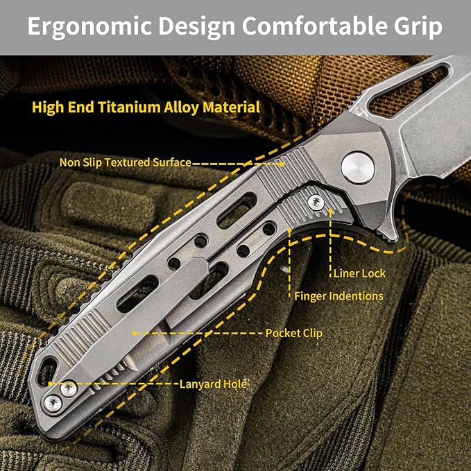 HX OUTDOORS Foldable Pocket Knife with Lock High End S35VN Steel Folding Knife with Non Slip Titanium Alloy Handle(Silver)