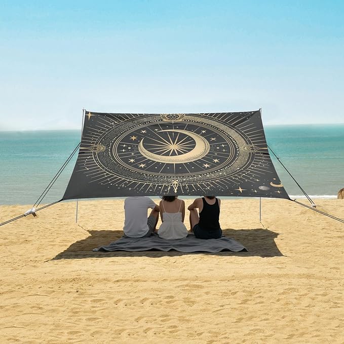 ALAZA Star Boho Astrology Mystical Bohemian Moon Stars Beach Tent Sun Shelter Portable Canopy Sunshade for Outdoor Camping Picnics Backyard Fun 10x9 ft