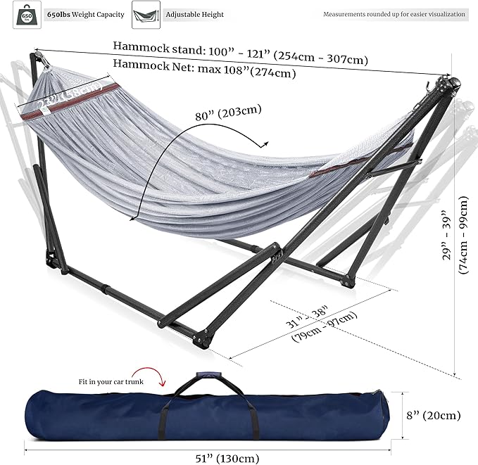 Tranquillo Universal Double Hammock with Stand Included for 2 Persons/Foldable Hammock Stand 600 lbs Capacity Portable Case - Inhouse Outdoor Camping Grey