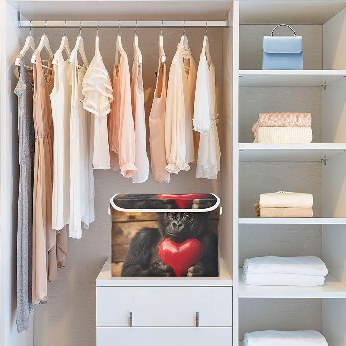 AIXIWAWA Lidded Storage Cube (Gorilla with Heart) Fabric Foldable Closet Bins with Flip Lid and Handles Organizer Basket Container 16.5 x 12.6 x 11.8 IN
