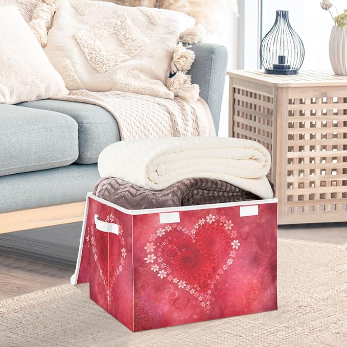 senya Valentines Storage Baskets Collapsible Storage Bins with Lids Floral Heart Storage Boxes Clothes Baskets for Organizing