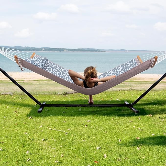 SUNCREAT Hammocks for Outside with Stand Freestanding Hammock with Frame 450 lbs Capacity Grey Pattern