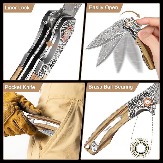 Damascus Pocket Knife For Men Folding Knife With Clip &amp 3.34 Damascus Steel Blade EDC Pocket Knife with Zebra Wood Handle for Camping Hunting Outdoor