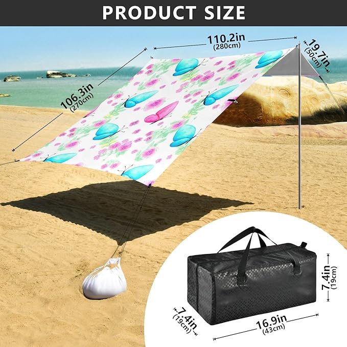 Beach Canopy with Windproof Ropes &amp Sandbags Beach Tent Sun Shade Sun Shelter for Camping Trips Fishing Backyard Fun or Picnics Butterfly