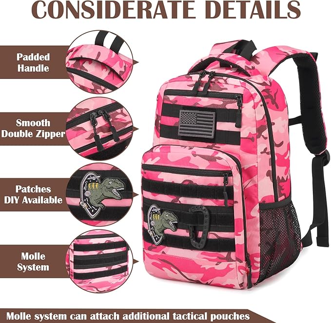 Kids Tactical Backpack Army Molle Bookbag Military Boys Backpack for School Outdoor Camping Pink CM
