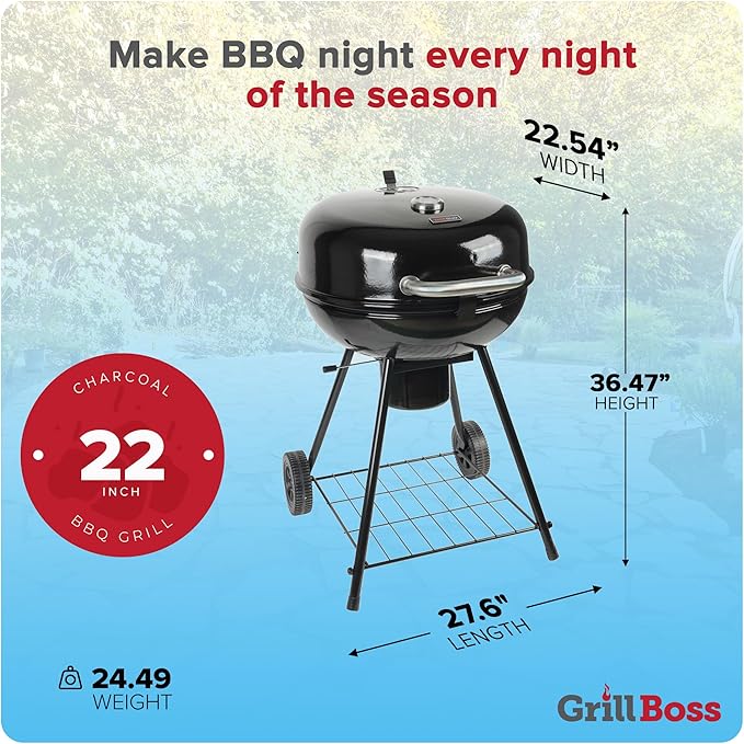 Grill Boss Charcoal Kettle Grill with Large 22-Inch Cooking Area - Includes Warming Rack Bottom Storage Shelf Ash Catcher &amp Wheels for Outdoor BBQ Tailgating Camping &amp Backyard Grilling