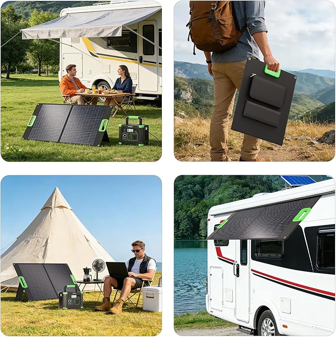 100W Portable Solar Panel for Power Station 23.5% High Efficiency ETFE Foldable Solar Charger with Kickstands 18V IP65 Waterproof Solar Panel Kit for Outdoor Camping RV Trip Off-Grid Living