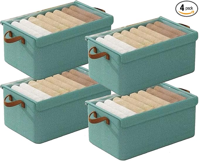 4PCS Foldable Storage Box with Lid - Extra Large Fabric Closet Organizer for Clothes 18.5x11x7.9 Inch Canvas Bin Collapsible Design for Bedroom Shelf Closet Underbed (Green)
