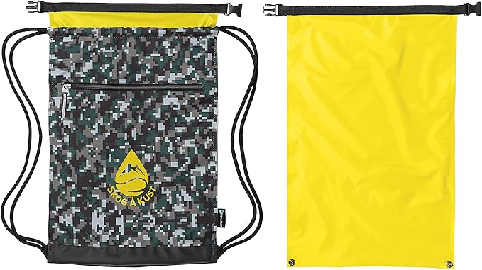 Skog Å Kust GymSak | Patented 2-in-1 Drawstring Cinch Bag with Removable Waterproof Dry Bag | Camo &amp Yellow