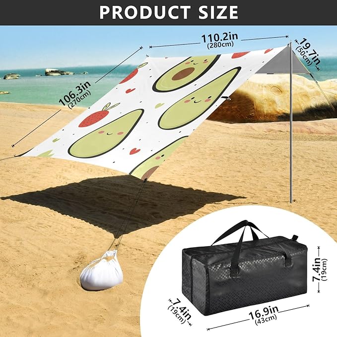 ALAZA Avocado Strawberry Heart Beach Tent Sun Shelter Portable Canopy Sunshade for Outdoor Camping Picnics Backyard Fun 10x9 ft
