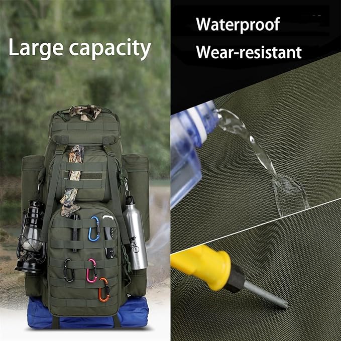 70L Military Tactical Backpack Waterproof Hiking Rucksack 3 Day Bug Out Bag Outdoor Camping Pack Army Green