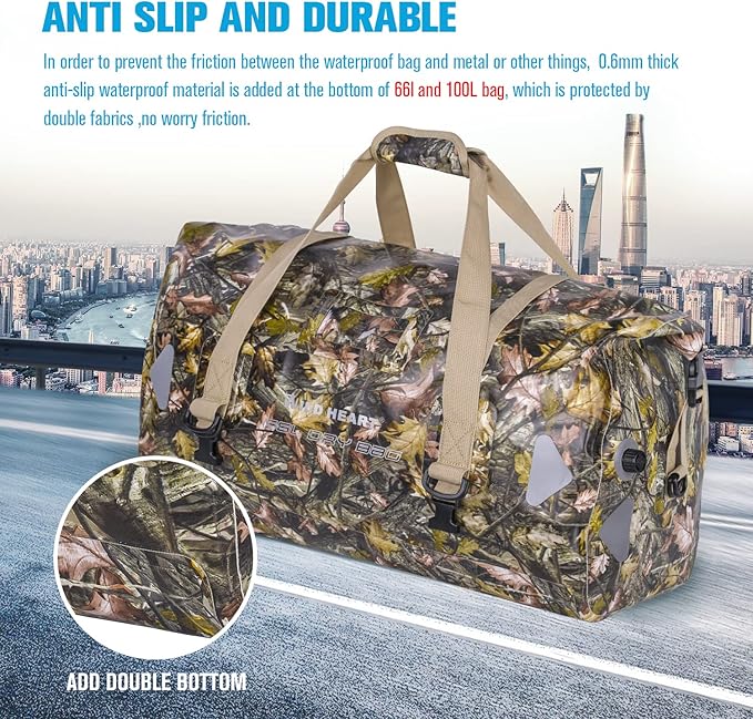 WILD HEART Waterproof Motorcycle Duffel Bag PVC500D Double-bottom With Rope Straps and Inner Pocket 40L 66L 100L for Kayaking Camping BoatingMotorcycle