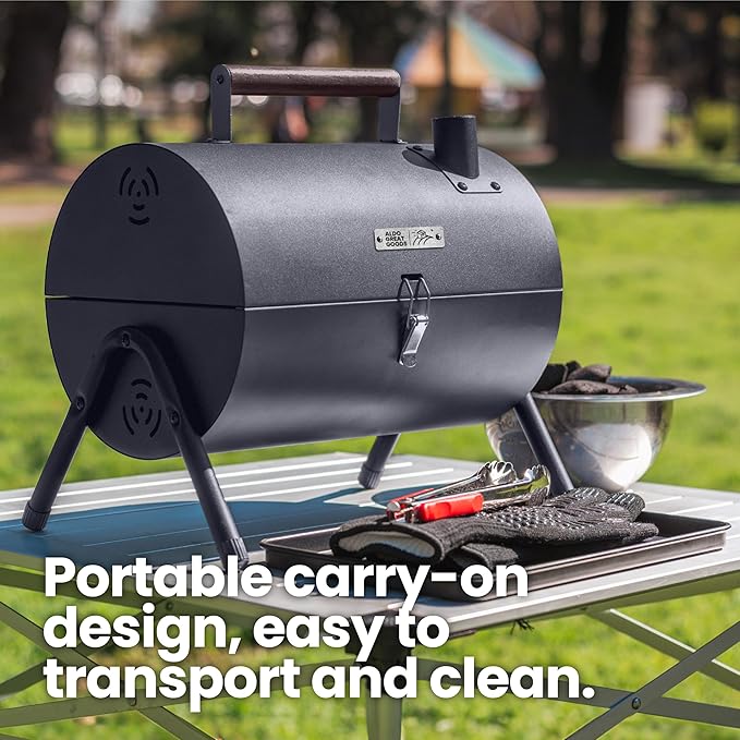 AGG Portable Charcoal Grill - 2-in-1 Tabletop BBQ &amp Griddle Combo - Compact Mini Barrel Grill for Camping Balcony &amp Tailgating - Includes Apron Heat-Resistant Gloves &amp Tongs -Small Outdo