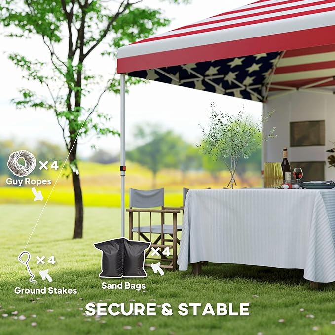 10x10 Pop-Up Canopy Tent Including FFor rame Support Sidewall Panels Integrated Storage Pockets Height Adjustable Feature American Flag Graphic Display
