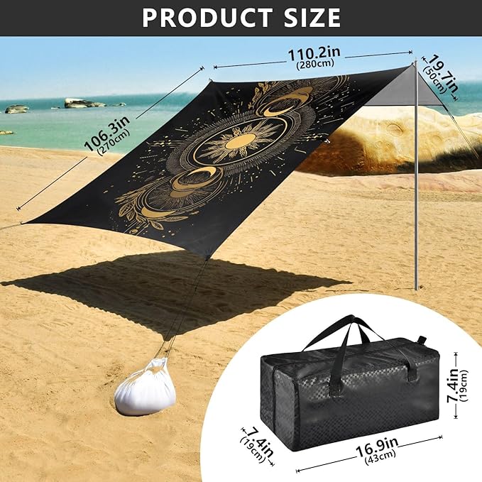 ALAZA Golden Sun Moon Astrology Beach Tent Sun Shelter UPF50+ Protection Beach Shade Canopy w/ 4 Sandbags for Outdoor Camping Fishing Backyard Fun Picnic 10x9 ft