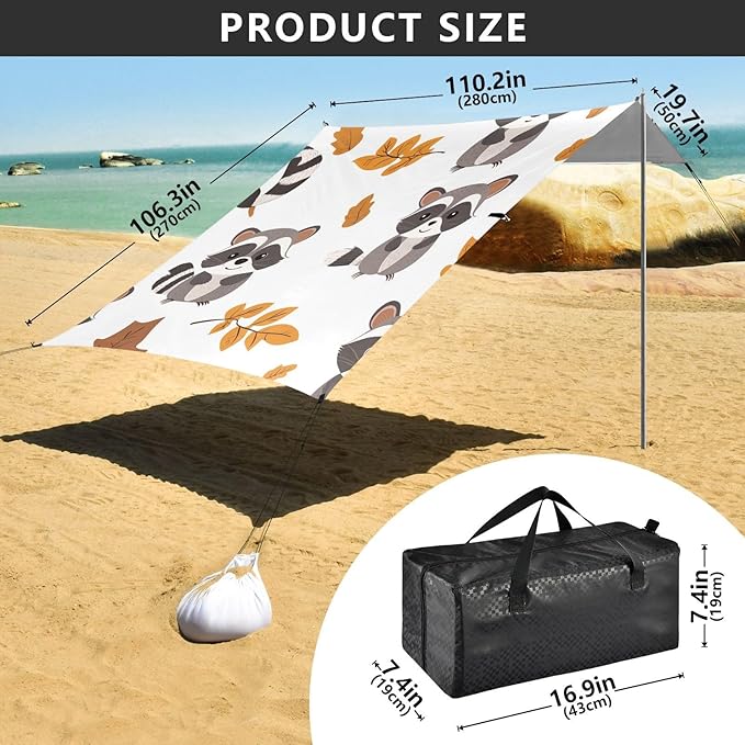 ALAZA Cute Cartoon Raccoons Leaves Beach Tent Sun Shelter Portable Canopy Sunshade for Outdoor Camping Picnics Backyard Fun 10x9 ft