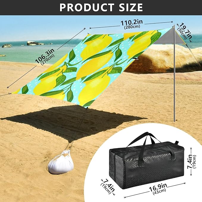 Beach Canopy with Windproof Ropes &amp Sandbags Beach Tent Sun Shade Sun Shelter for Camping Trips Fishing Backyard Fun or Picnics Lemon