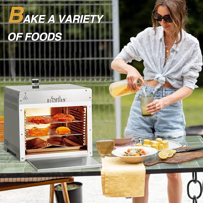 BIG HORN OUTDOORS 1500°F Small Infrared Propane Gas Grill – Portable Steak Broiler &amp Sear Station Outdoor Salamander BBQ with Pizza Stone Stainless Steel