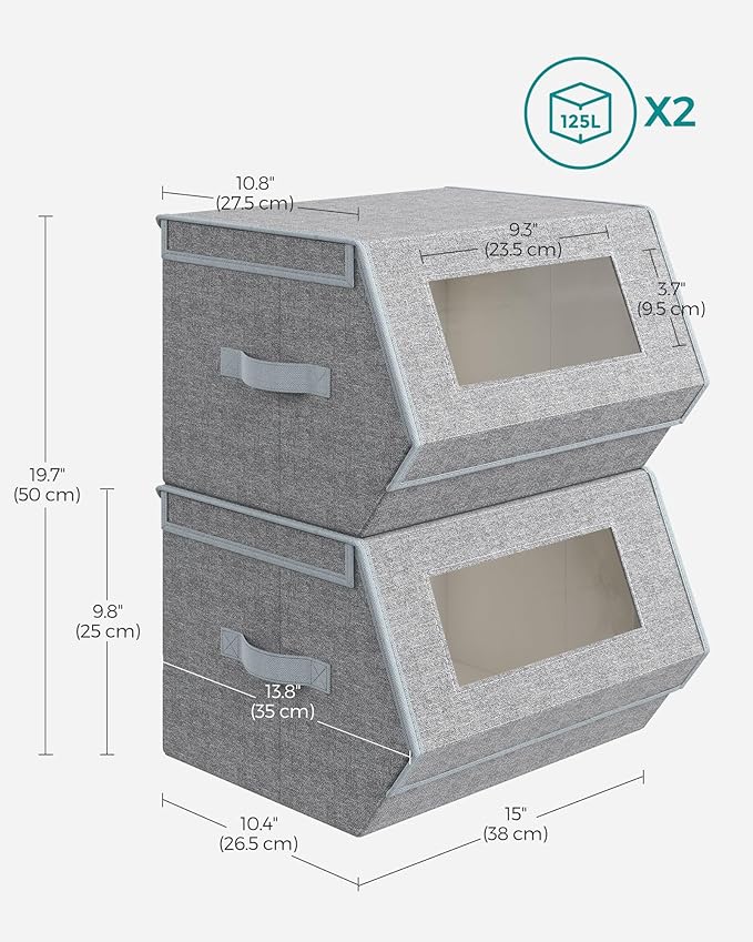 SONGMICS Stackable Storage Bins Set of 2 Storage Boxes with Lids and Front Windows Non-Woven Fabric Closet Organizers with Magnetic Closures Side Handles Dove Gray URLB002W01