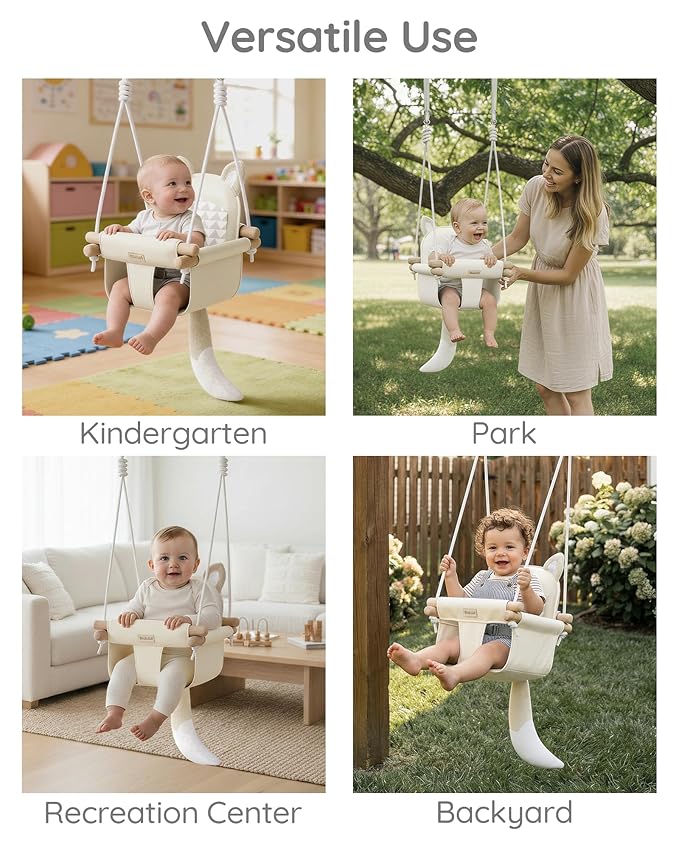 Wooden Hanging Baby Swing with Soft Safety Belt Cozy Infant Swing Seat for Indoor &amp Outdoor Use Adjustable Height Includes Mounting Hardware – Suitable for Babies &amp Toddlers(Fox-Themed in B