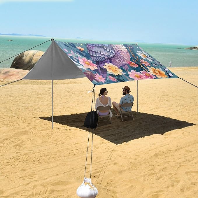 ALAZA Cute Owl Print Flowers Beach Tent Sun Shelter UPF50+ Protection Beach Shade Canopy w/ 4 Sandbags for Outdoor Camping Fishing Backyard Fun Picnic 10x9 ft