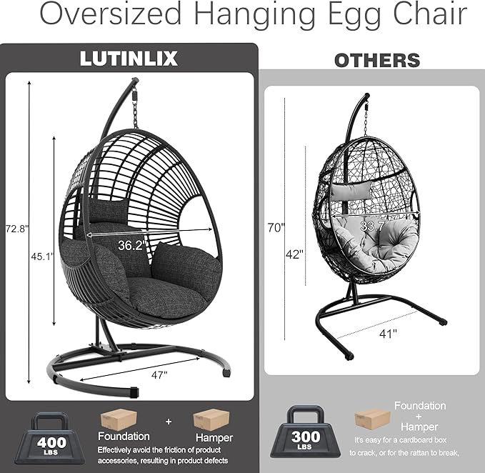 Oversized Hanging Egg Chair Outdoor Indoor Wicker Swing Egg Chair with Stand 400lbs Capacity for Bedroom Patio Garden and Balcony (Black-Regular Oversize)