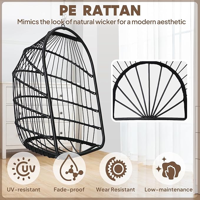Chihee Egg Chair Foldable Wicker Rattan Hanging Swing Chairs Indoor Outdoor Patio Wicker Chair Hammock Chair with Stainless Steel Hanging Kit Chain Link UV Resistant Cushion Bedroom Balcony