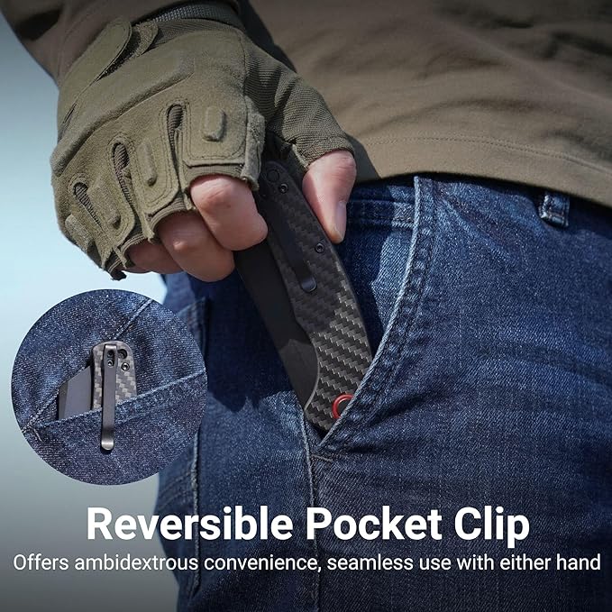 CJRB Crag Folding Pocket Knife 3.43 AR-RPM9 Steel Blade Carbon Fiber Handle EDC Knife with Pocket Clip for Men Women Camping Survival Hiking Black (J1904)