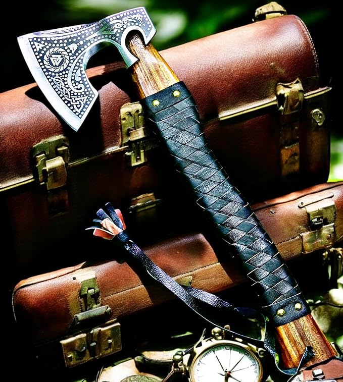 Poshland AX-7000 Custom Gift Forged Carbon Steel Viking Axe with Rose Wood Shaft Viking Bearded Camping Axe (AX-7000) (AX-7091)