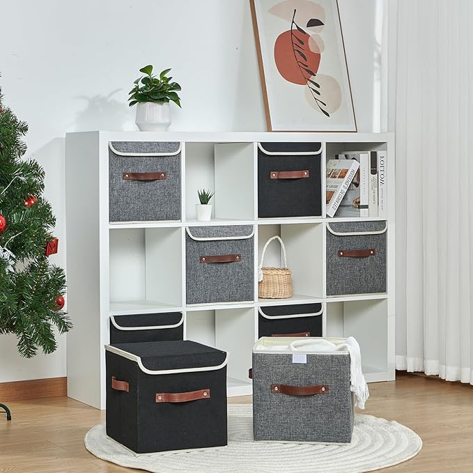 4PCS Storage Cubes with Lid Fabric Storage Bins Boxes PU Leather Handles Cotton Linen Closet Organizer Container Decorative Foldable Washable Shelf Cloth Basket (Flip-top Lid Gray 11in)