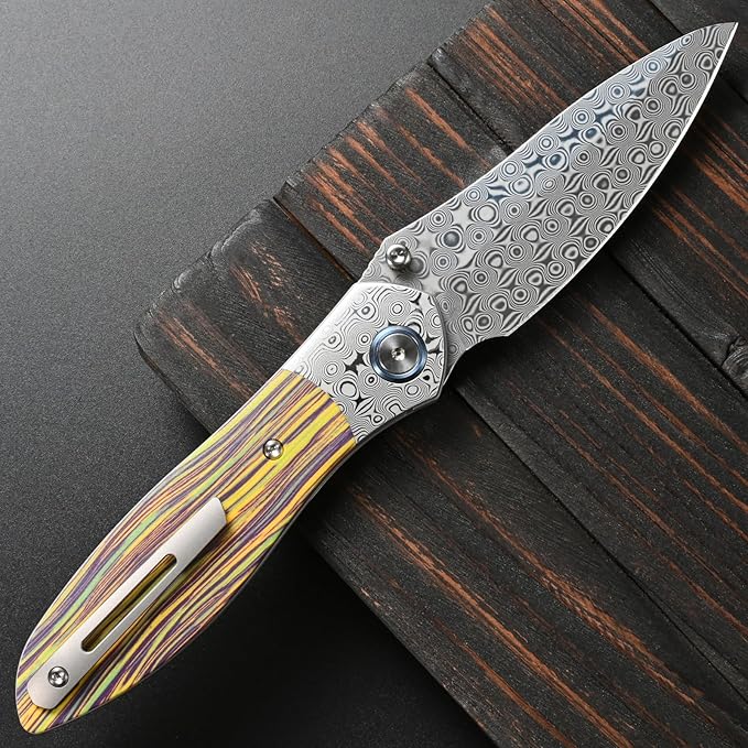 Sitivien ST273 Damascus Steel Blade Folding Knife Colorful G10 &amp Damascus Handle with Ball Bearing for Outdoor Camping Hiking Fishing (Wood grain)