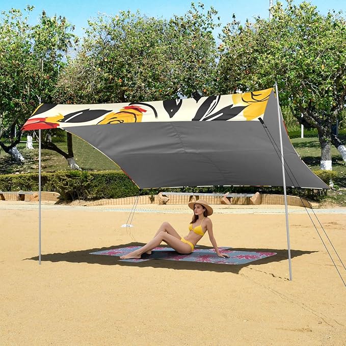 ALAZA Yellow &amp Red Rose Flowers Beach Tent Sun Shelter UPF50+ Protection Beach Shade Canopy w/ 4 Sandbags for Outdoor Camping Fishing Backyard Fun Picnic 10x9 ft