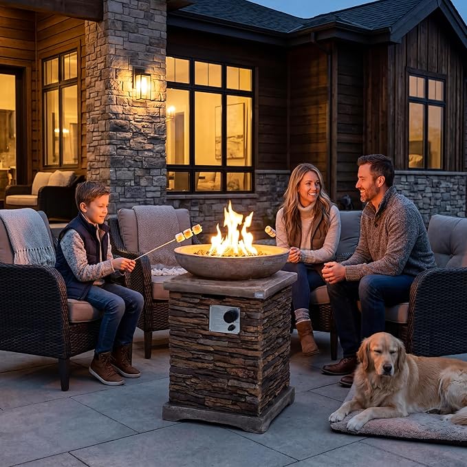 COSIEST Outdoor Propane Fire Pit Table w Faux Brown Compact Ledge Stone 20 Square Base and Faux Rose-Marble Round Bowl Certified 40000 BTU Free Lava Rocks Fits 20lb Tank Inside Raincover