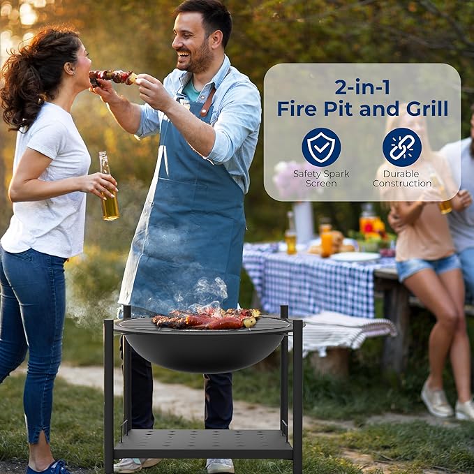 SereneLife Portable Outdoor Fire Pit - 2-in-1 Steel BBQ Grill and 26 Wood Burning Fire Pit Bowl with Mesh Spark Screen Log Grate Fire Poker and Cover for Camping Picnic Bonfires