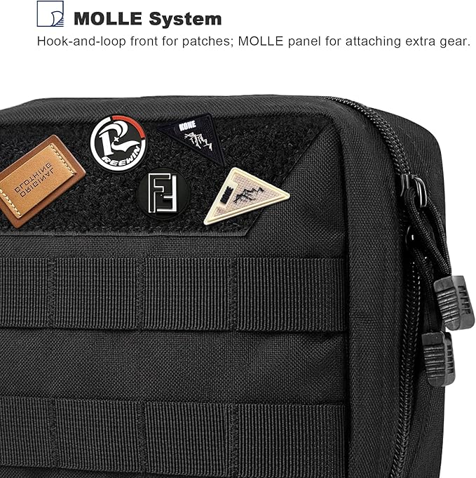 FOCUHUNTER Tactical Molle Pouch Zippered Horizontal Modular Pouches 1000D Oxford Fabric Tactical Waist Pack Utility EDC Tool Organizer with Map Sleeve Vertical Strap &amp Metal Snap 8 L x 3 W x