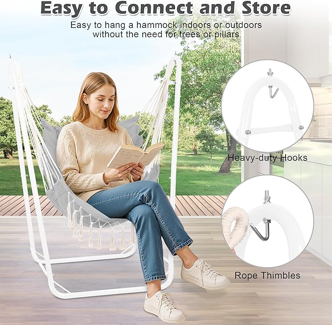 U-Shaped Hammock Chair with Stand Indoor &amp Outdoor Heavy-Duty Metal Frame Hammock Swing Stand Chair with Side Pockets for Brackyard Patio Porch (Light Gray)