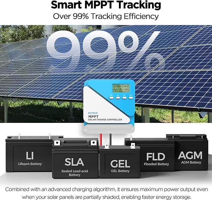 Bietrun 30A 12V/24V MPPT Solar Charge Controller with WiFi/Bluetooth APP Max Output 360W Max PV Input 100V Smart Protection for LiFePO4 SLD Gel FLD AGM Battery for Solar Off-Grid System