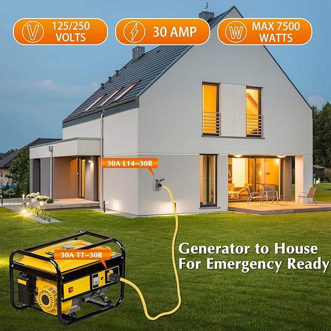 Kanayu 25 ft NEMA TT-30P to L14-30R Generator Transfer Switch Adapter Cord 30 Amp 3 Prong to 4 Prong Generator to House Inlet Box Adapter STW 10 AWG ETL Listed