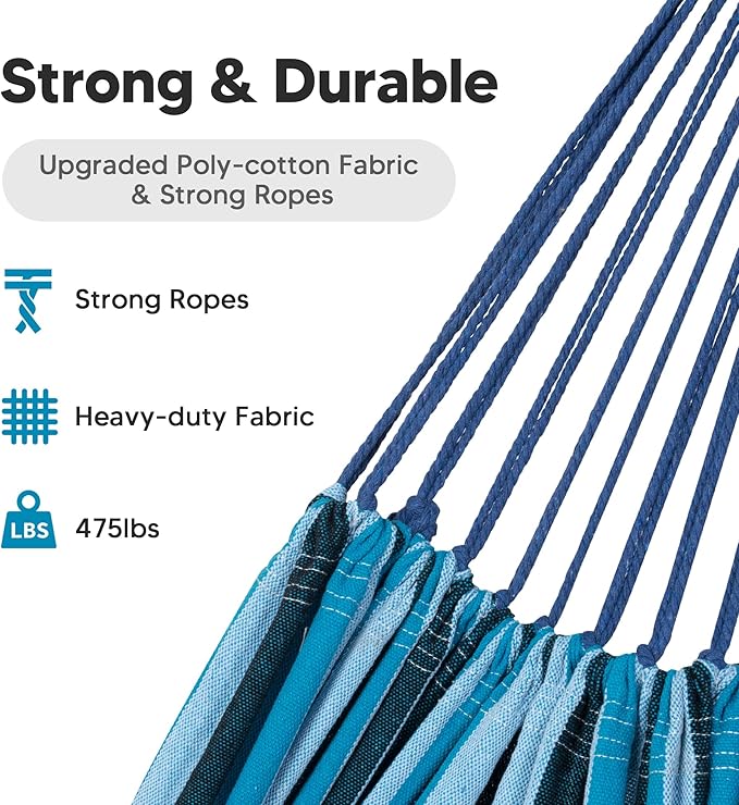 SUNCREAT Hammocks Outdoor Camping Double Hammock Extra Large 2 Person Hammock for Camping Blue Stripes