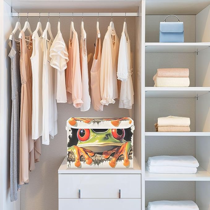 Storage Cube with Lid Curious Frog Print 16.5×12.6×11.8 IN 1 Pack Collapsible Large Capacity Foldable Storage Basket Bin Organizer