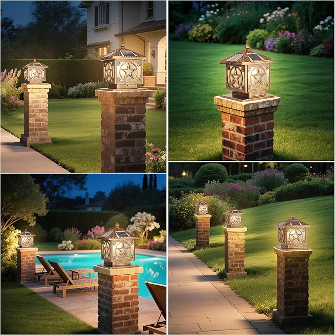 SLAWA Outdoor Solar Post Cap Light 9.8In Bronze Column Lights Square Waterproof Landscape Lighting with Remote Pillar Lamps Fence Deck Cap Light Solar Power Lantern Porch Mailbox Lawn Porch Fixture