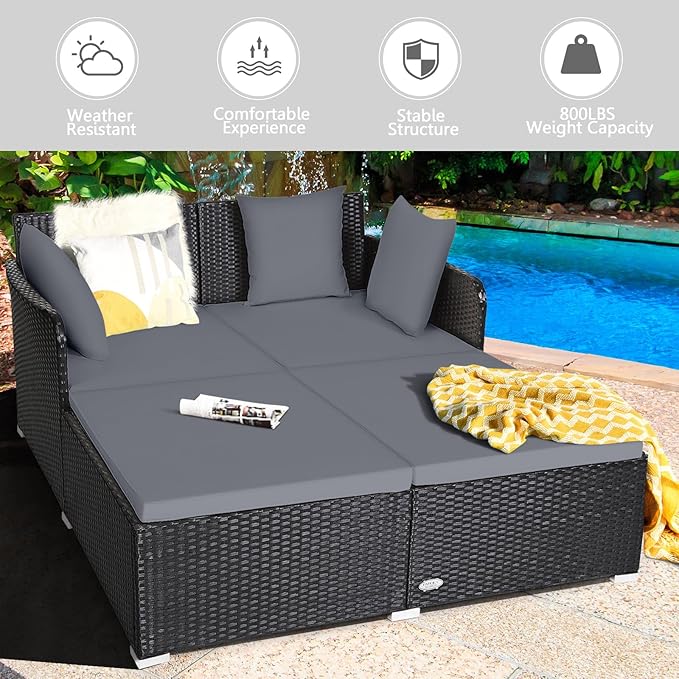 Tangkula Outdoor Rattan Daybed Wicker Furniture with Spacious Seat Upholstered Cushion &amp High-Resilience Sponge Patio Sofa Set with 4 Pillows 2-Person Sunbed for Poolside Backyard Garden &amp